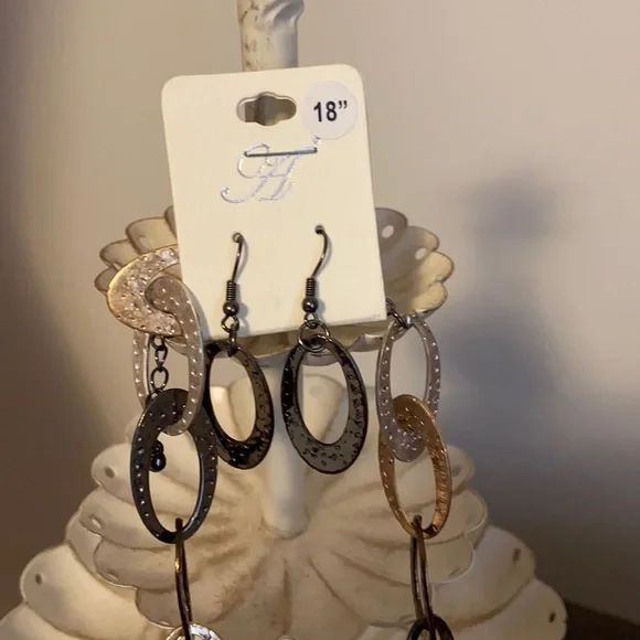 TriTone Textured Link Necklace & Earring Set Bronze Silver and Gold Tone New - Picture 2 of 6